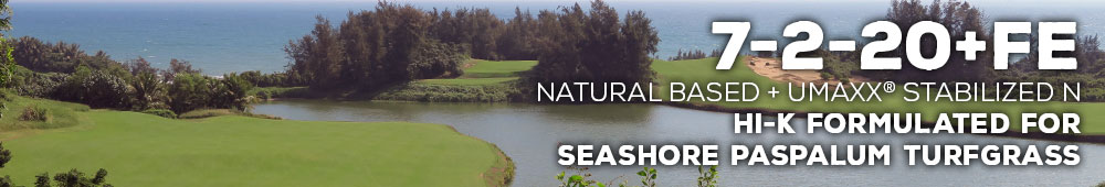 7-2-20 Premium Homogeneous Turf Fertilizer Formulated for Seashore Paspalum Turfgrass. Made with Suståne Organic Compost and UMAXX Stabilized Nitrogen